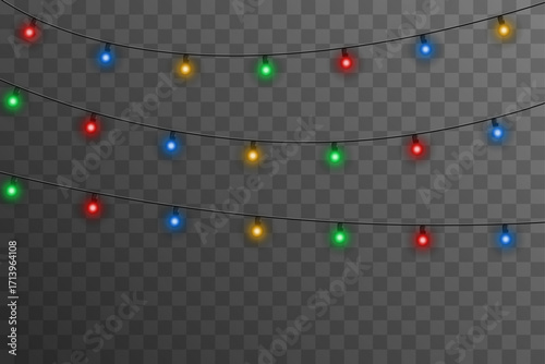 Glowing holiday lights garland with multicolored bulbs. Vector Christmas decoration isolated on transparent background for festive design, New Year celebration, winter event, seasonal invitation, or p