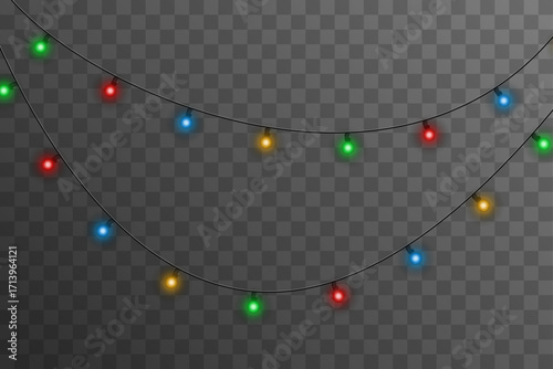 Decorative Christmas garland with colorful glowing lamps on transparent background. Vector holiday light string for New Year celebration, Xmas decoration, festive invitation, winter event, or party ba