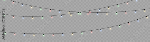 Glowing holiday lights garland with multicolored bulbs. Vector Christmas decoration isolated on transparent background for festive design, New Year celebration, winter event, seasonal invitation, or p