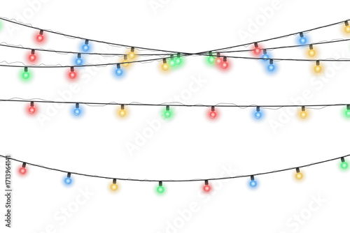 Multicolored Christmas light string isolated on transparent background. Vector festive decoration with glowing bulbs for New Year party, seasonal winter celebration, Xmas design, or holiday greeting c