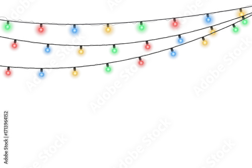 Christmas garland with multicolored glowing bulbs isolated on transparent background. Festive holiday light string decoration for Christmas party, New Year celebration, seasonal design, or winter even