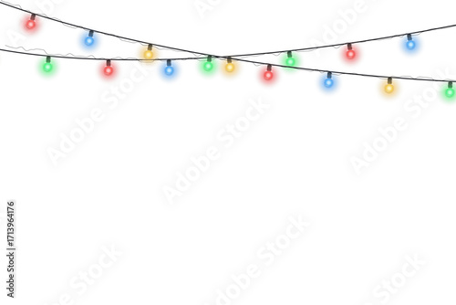 Vector glowing Christmas garland with bright colorful lamps isolated on transparent background. Decorative festive light string perfect for holiday season, Xmas party design, greeting card, or celebra