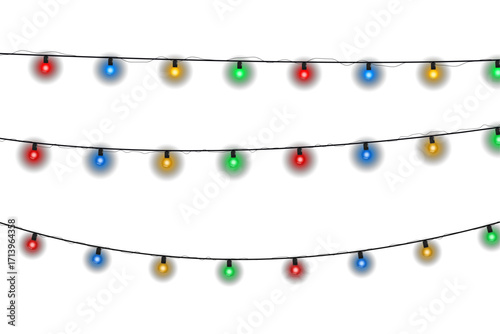 Christmas light string with glowing multicolored bulbs isolated on transparent background. Vector festive decoration for holiday party, New Year celebration, seasonal winter design, greeting card, or 