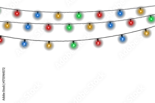 Vector glowing Christmas garland with bright colorful lamps isolated on transparent background. Decorative festive light string perfect for holiday season, Xmas party design, greeting card, or celebra