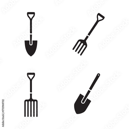 Collection of garden hoe and fork solid icons