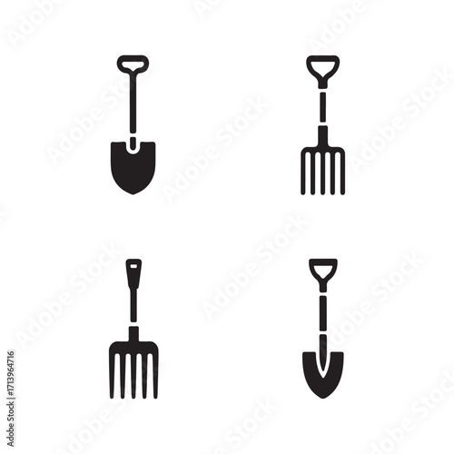 Complete set of garden hoe fork solid icons