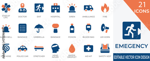 Clean and modern icon set illustrating emergency, rescue, and safety services. Perfect for apps, websites, and presentations focused on disaster response and public safety.