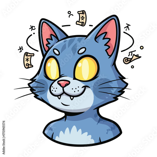 Magical Cat: A whimsical illustration of a charming, blue-furred cat with vibrant eyes, exuding a sense of magic and wonder.