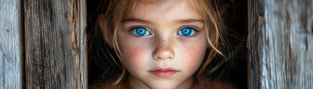Fototapeta premium Close up portrait of a young girl with bright blue eyes and freckles looking curiously from a rustic wooden frame evoking innocence