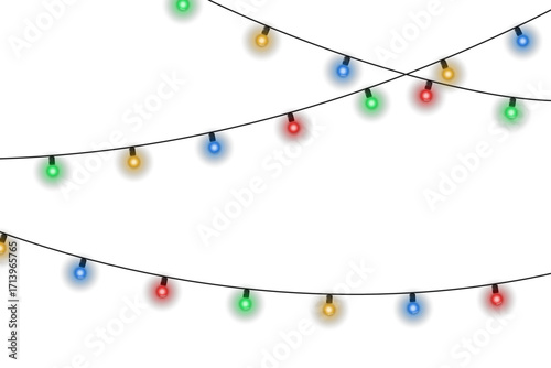 Festive Christmas string lights with multicolor bulbs shining bright. Isolated transparent vector garland decoration for holiday design, New Year party, winter season greeting card, or festive celebra