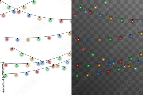 Christmas garland with multicolored glowing bulbs isolated on transparent background. Festive holiday light string decoration for Christmas party, New Year celebration, seasonal design, or winter even