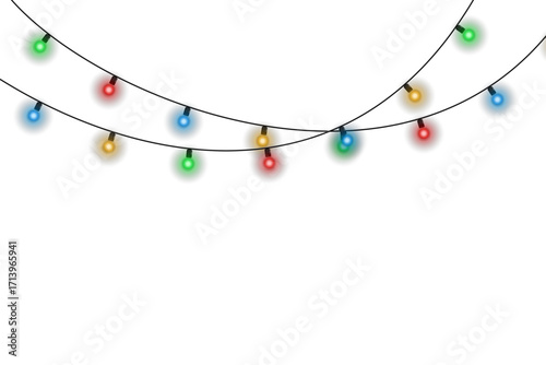 Christmas garland with multicolored glowing bulbs isolated on transparent background. Festive holiday light string decoration for Christmas party, New Year celebration, seasonal design, or winter even