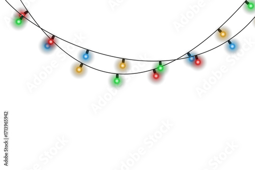 Bright glowing garland with multicolored Christmas lights isolated on transparent background. Vector festive illumination decoration string for celebration, New Year event, or holiday greeting card.