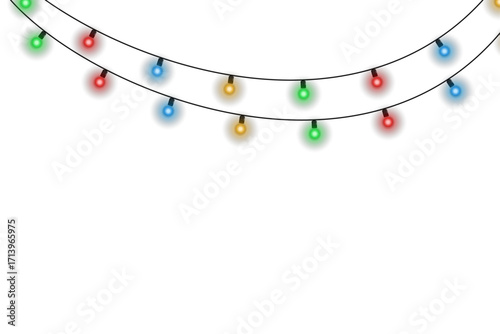 Vector garland with colorful glowing Christmas lights isolated on transparent background. Decorative holiday light string for New Year, Xmas celebration, party invitation, greeting card, or seasonal b