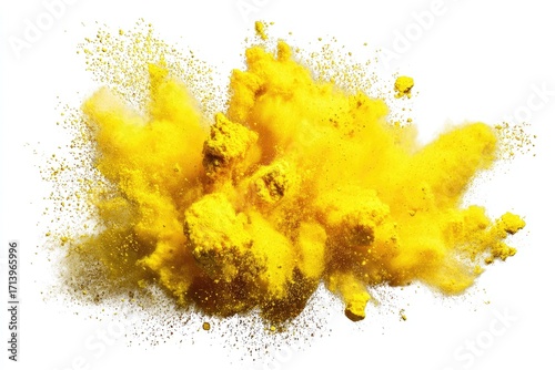 Bright yellow powder explosion on white background (1)