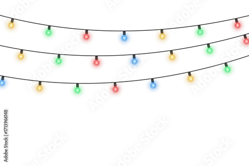 Decorative multicolored Christmas lights garland with large shining bulbs. Vector festive glowing string isolated on transparent background for New Year design, holiday decoration, or winter celebrati