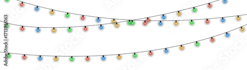 Glowing holiday lights garland with multicolored bulbs. Vector Christmas decoration isolated on transparent background for festive design, New Year celebration, winter event, seasonal invitation, or p