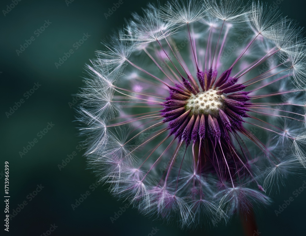 Fototapeta premium Close-up of a dandelion seed head. Soft focus, pale white seed-plume, with a deep purple center. Dark, muted background