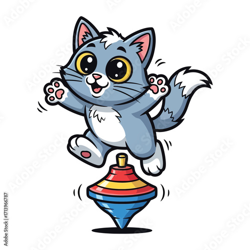 Playful Kitten on Top: A cheerful kitten balances with glee on a spinning top in this colorful illustration, perfect for children and those with a playful mindset. 