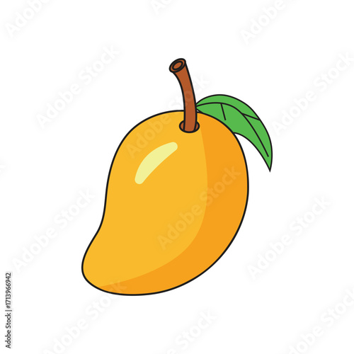 Cartoon mango with green leaf ready for summer smoothies and tropical designs, vibrant and cheerful