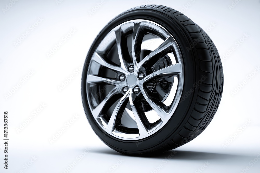 Fototapeta premium Chrome car wheel and tire, studio shot