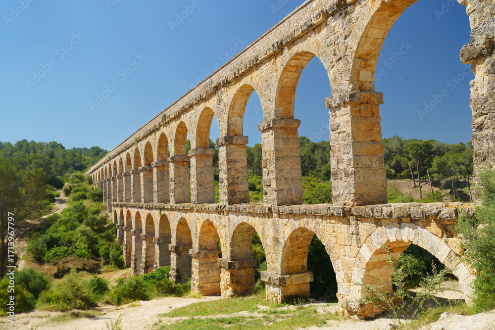 Obraz premium Ancient Roman aqueduct, the Pont del Diablespanning the Barranc del Diable near Tarragona, perfect for historical travel content and heritage promotions.