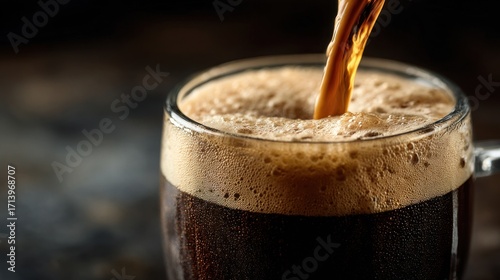 Dark beer pouring into glass mug