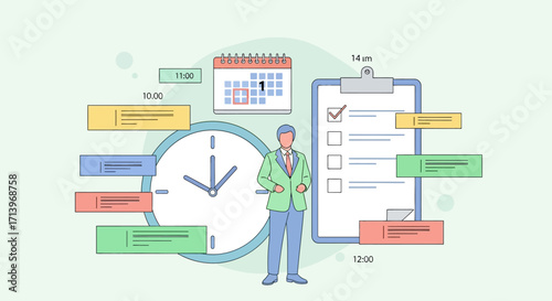 Time Management Illustration with Man, Clock, Calendar, and Checklist for Productivity.