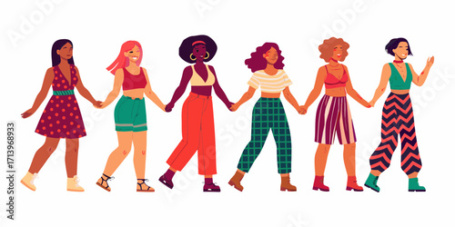 Diverse group of women holding hands and walking together in solidarity and unity