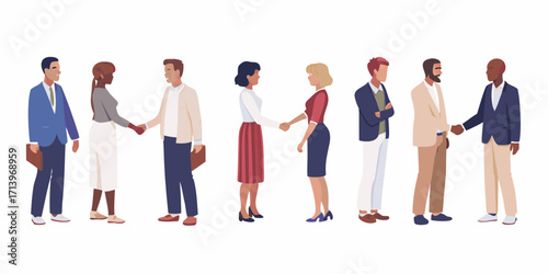 Diverse group of business people shaking hands in a line representing collaboration and partnership