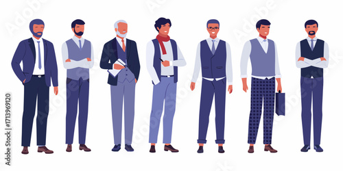Diverse group of men in stylish business attire standing together in a line against a white background