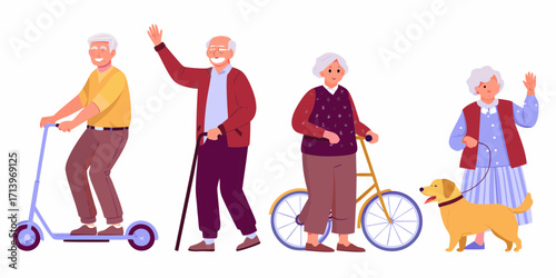 Happy elderly people enjoying active lifestyles with scooters bicycles and a dog