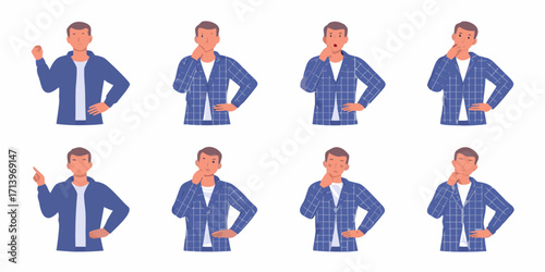 Man in blue plaid shirt showing various pensive and thoughtful poses and expressions