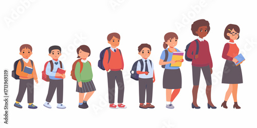 Diverse group of cartoon school children and a teacher standing together with books and backpacks