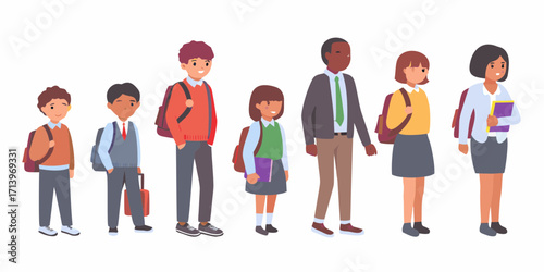 Diverse group of cartoon students and a teacher standing together with backpacks and books
