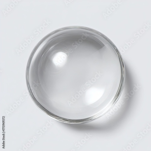 A clear, shallow, spherical glass bowl sits on a light gray background, showcasing its smooth surface and subtle reflections
