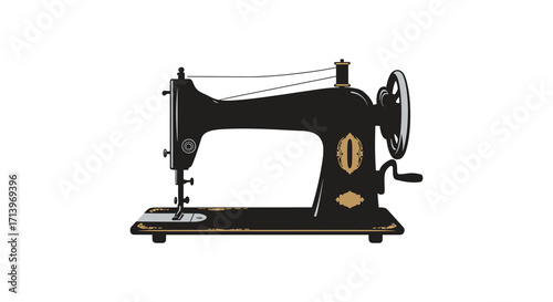 An antique black sewing machine with gold accents isolated on white background