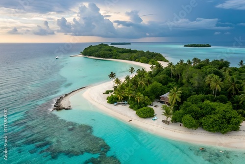 Fototapeta Naklejka Na Ścianę i Meble -  A stunning tropical island in the Maldives, featuring white sandy beaches and crystal-clear turquoise waters.