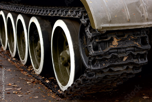 Close-up of the wheels of a tracked tank