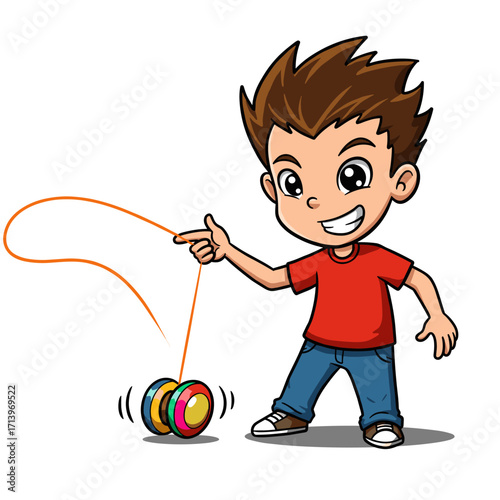 A smiling boy with spiky brown hair plays with a colorful yo-yo, wearing a red shirt and blue jeans. Fun, dynamic, and full of playful energy.