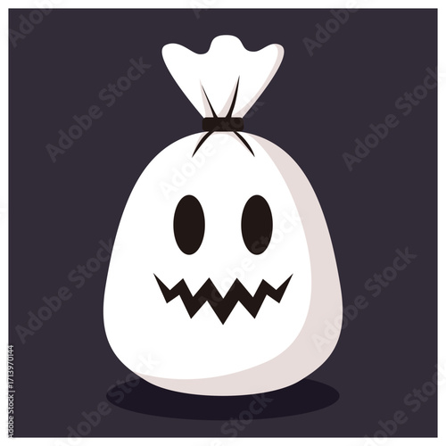 A cartoonish white sack with a spooky face, resembling a ghost, against a dark background.