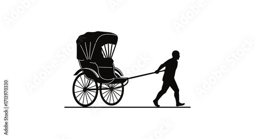 Silhouette of a man pulling a traditional rickshaw on a white background