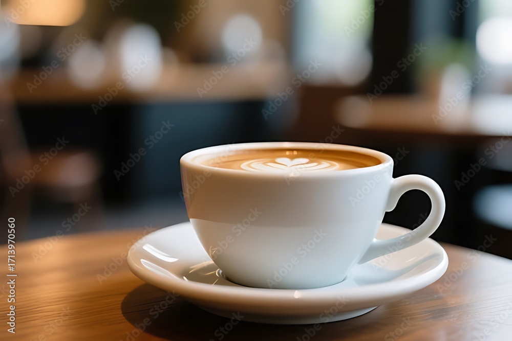 Fototapeta premium Close-up of a cup of coffee in a cafe, with the background blurred