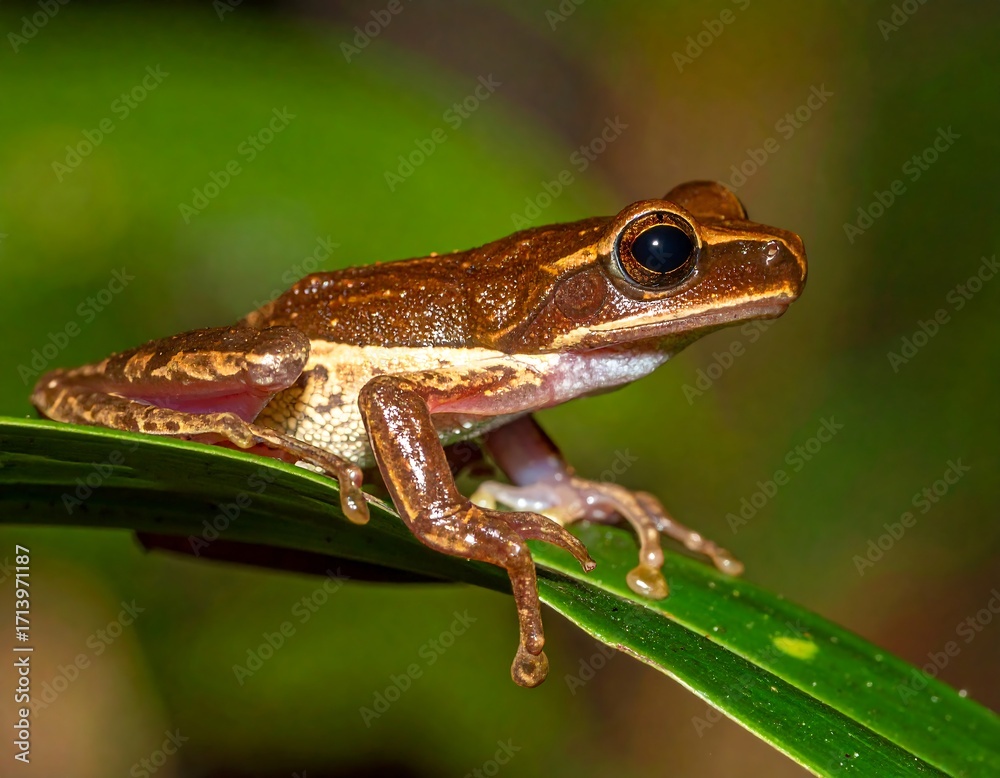 Obraz premium Close-up of a small brown frog on a leaf (1)