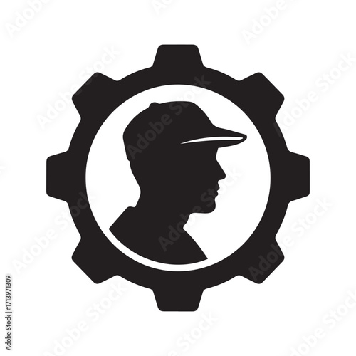 Worker in gear icon. Industrial engineer or mechanic silhouette symbol for manufacturing and labor.
