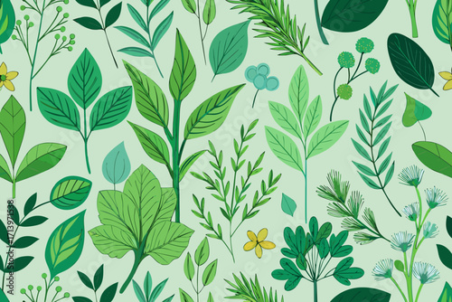 Vibrant botanical pattern with lush green leaves, perfect for organic designs, fresh spring themes, and nature-inspired projects, originally a scalable vector graphic