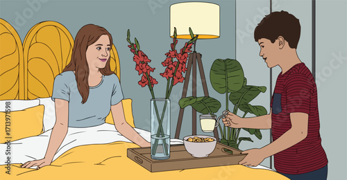Woman in bed receives breakfast from young man indoor