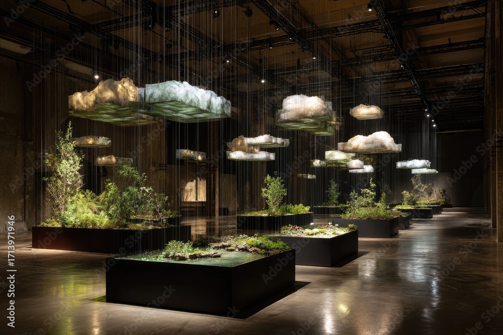 Fototapeta premium Floating clouds, lush plants, modern art exhibit