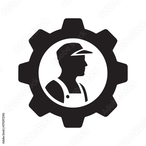 Worker in gear icon. Industrial engineer or mechanic silhouette symbol for manufacturing and labor.
