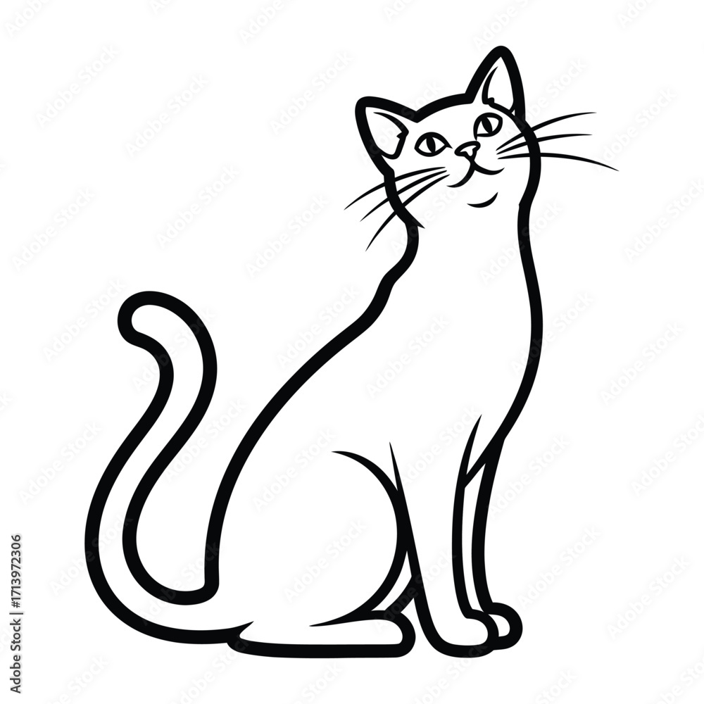 Obraz premium Enchanting Feline Illustration: A graceful cat, depicted in a minimalist line art style, sits regally, head tilted back with a serene expression and whiskers poised.